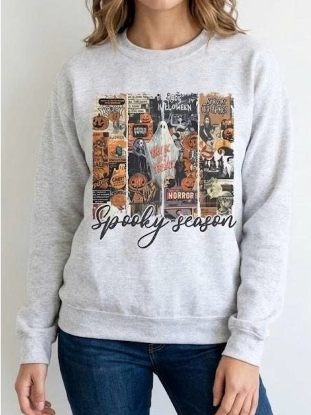 Spooky Season Horror Collage Crewneck Sweatshirt Gray Halloween Movie Pullover